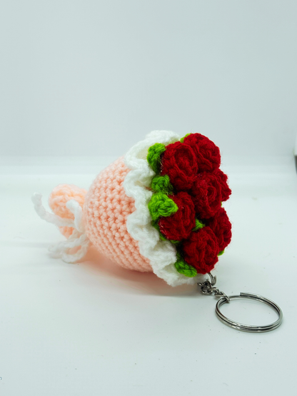 Handmade Crochet Flower Bouquet Keychain Mini Rose Key Ring for Bags & Gifts