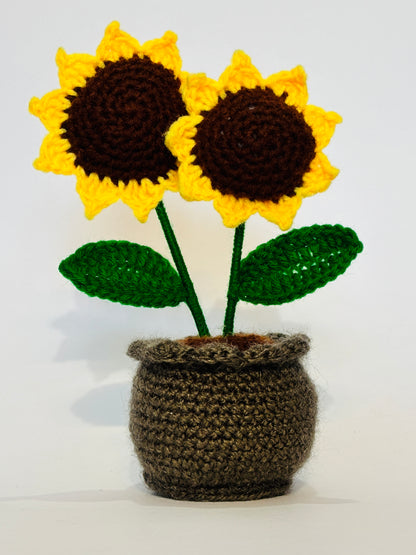 Handmade Double Sunflower Pot – Crochet Flower Décor | Soft Knitted Table Showpiece | Decorative Indoor Pot for Home & Office